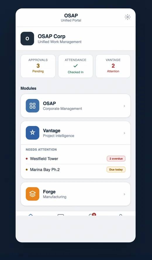 COSAP unified portal inside Telegram showing pending approvals and modules