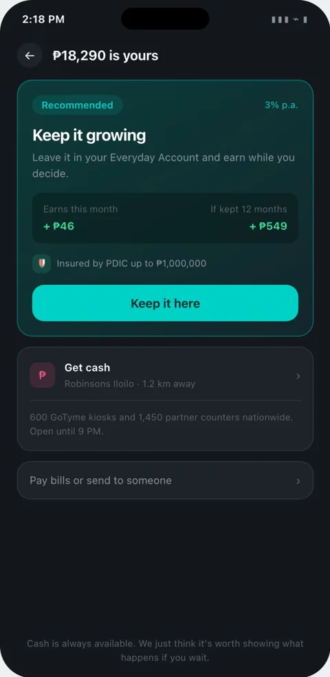 ₱18,290 is yours: keep it growing at 3% a year, or get cash, or pay bills