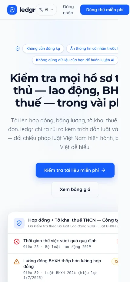 Ledgr home page on a phone, with an example findings card