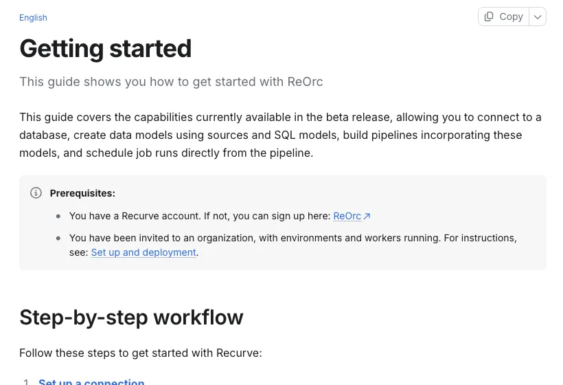 Recurve documentation, Getting started page, listing the step-by-step workflow from connection to pipeline
